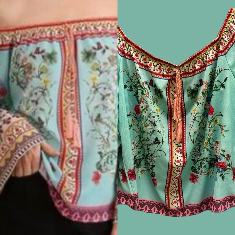 Umgee Floral Off-Shoulder Blouse - Teal and Pink